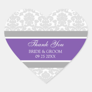 Gray Plum Damask Vielen Dank Gastgeschenk Hochzeit Herz-Aufkleber