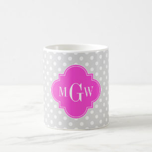 Gray Polka Dot Hot Pink Quatrefolie 3 Monogramm Tasse