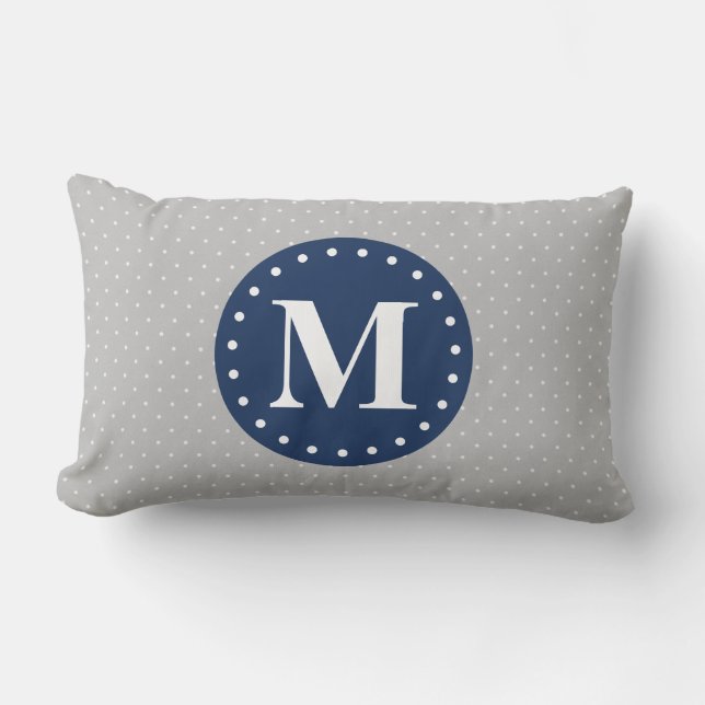 Gray Polka Dots Navy Blue Monogram Lendenkissen (Vorderseite)