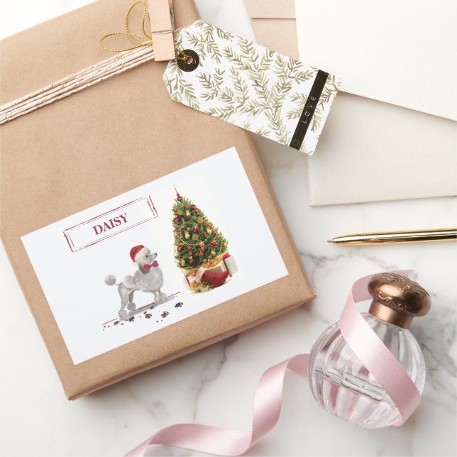 Gray Poodle Funny Christmas Dog mit Baum Rechteckiger Aufkleber (Schenken)