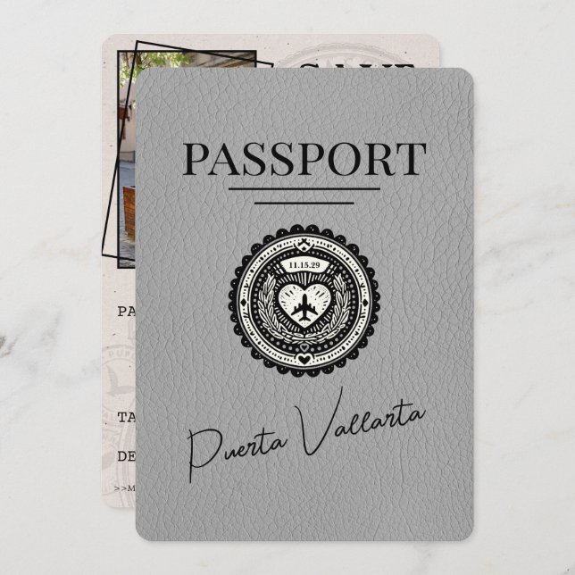 Gray Puerta Vallarta Passport Save the Date (Vorne/Hinten)
