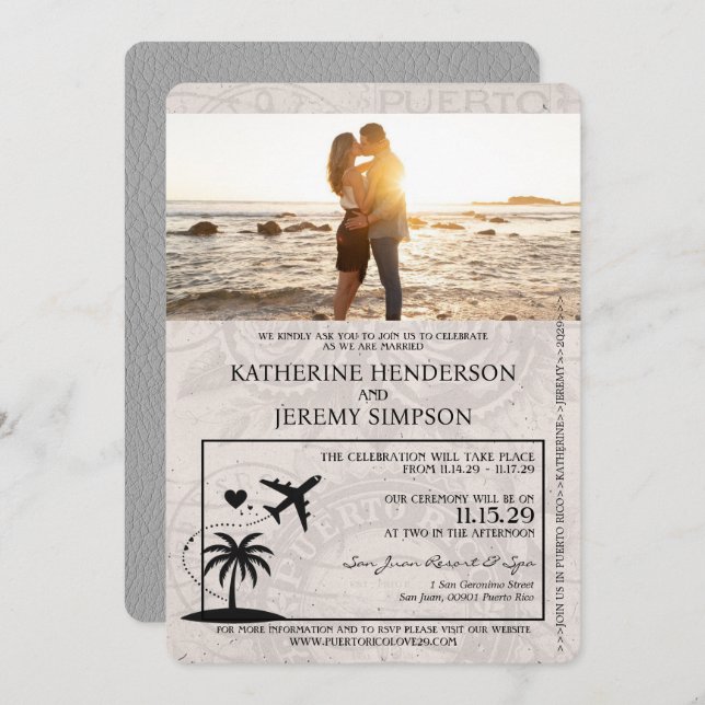 Gray Puerto Rico Passport Wedding Einladung (Vorne/Hinten)