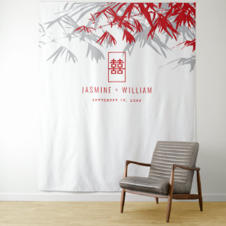 Gray & Red Bamboo Blätter Chinesischer Hochzeitsta Wandteppich
