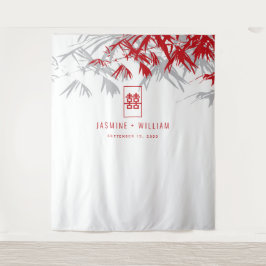 Gray & Red Bamboo Blätter Chinesischer Hochzeitsta Wandteppich