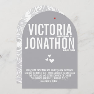 Gray Red Heart Gray Floral Typografy Wedding Einladung