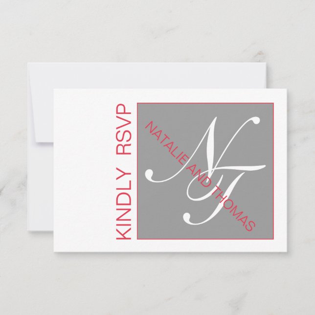 GRAY RED INITIALS INTERTWINED WEDD RSVP KARTE (Vorderseite)