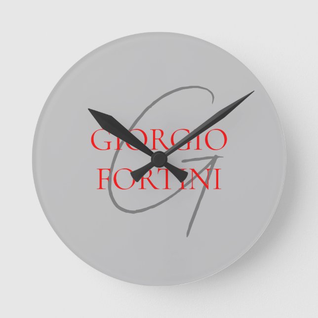 Gray Red Your Name Initial Monogram Modern Runde Wanduhr (Vorderseite)