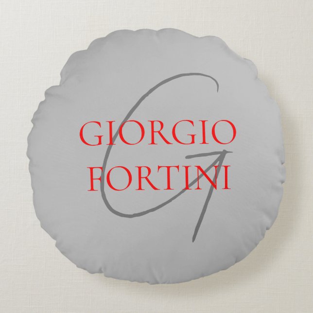 Gray Red Your Name Initial Monogram Modern Rundes Kissen (Vorderseite)