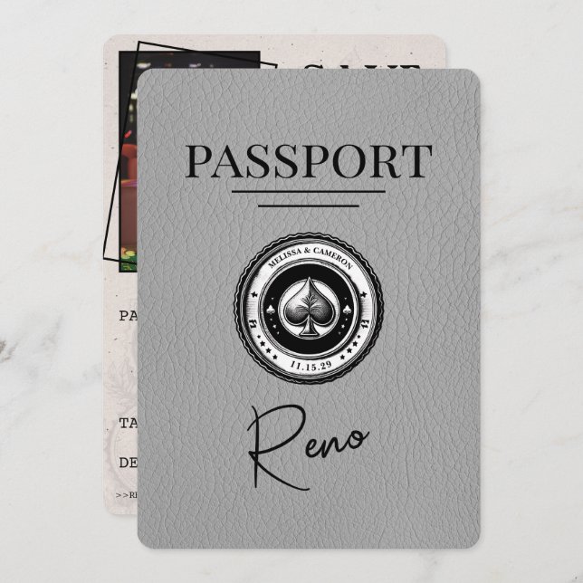 Gray Reno Passport Save the Date (Vorne/Hinten)