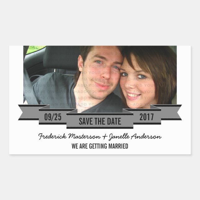 Gray Ribbon Foto Save the Date Stickers (Vorderseite)