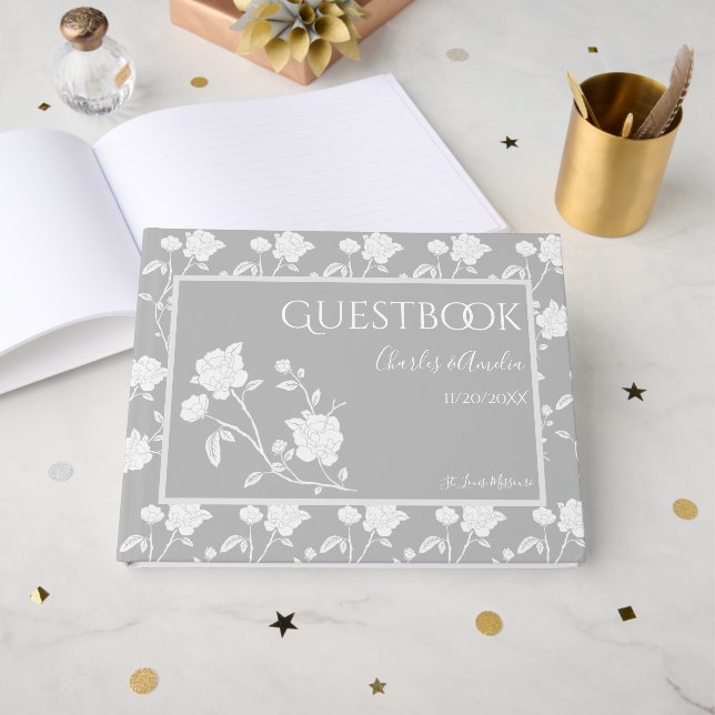 Gray Rose Wedding Guest Book Gästebuch (Vorderseite Offen)