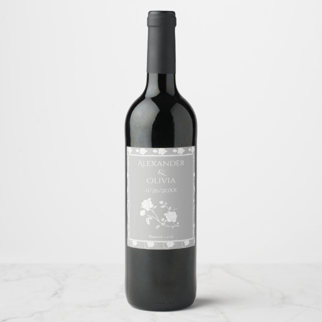 Gray Rose Wedding Wine Label Weinetikett (Vorderseite)