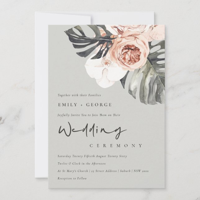 GRAY RUST FLORAL MONSTRERA LEAF WEDING INVITE DANKESKARTE (Vorderseite)