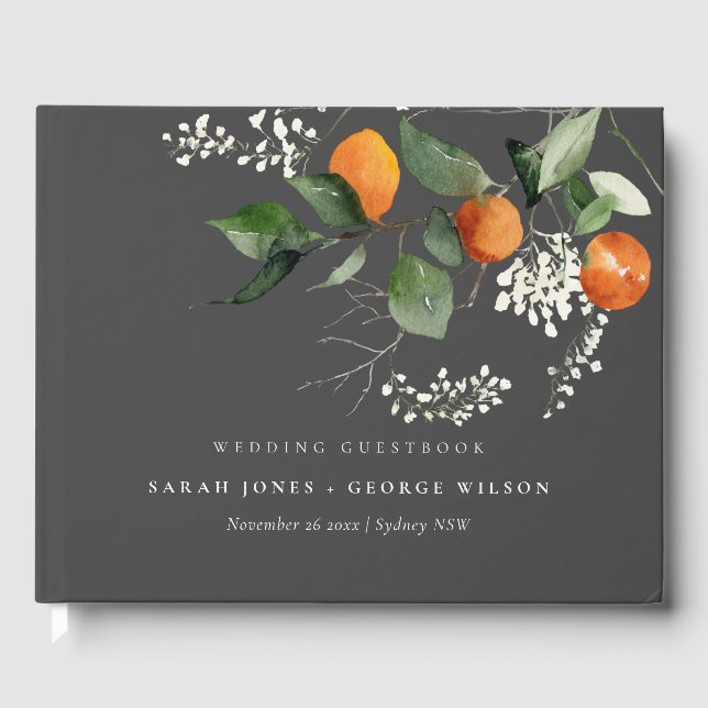 Gray Rustic Boho Orange Blossom Botanische Hochzei Gästebuch (Vorderseite)