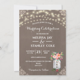 Gray Rustic Mason Jar Blume String Lights Wedding Einladung