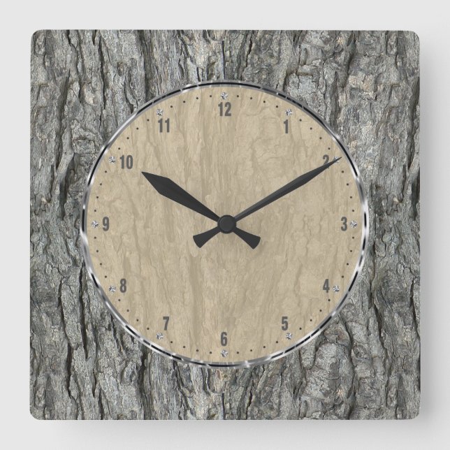 Gray Rustic Wood Bark Quadratische Wanduhr (Vorderseite)