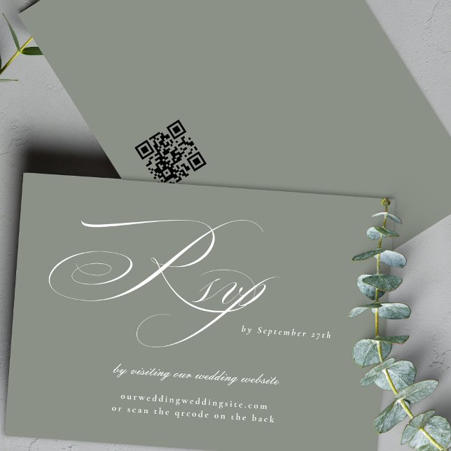 Gray Sage Calligraphy Wedding Website QR CODE RSVP Karte (Von Creator hochgeladen)