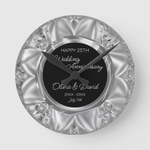 Gray Satin & Silver Diamonds Hochzeitstag Runde Wanduhr