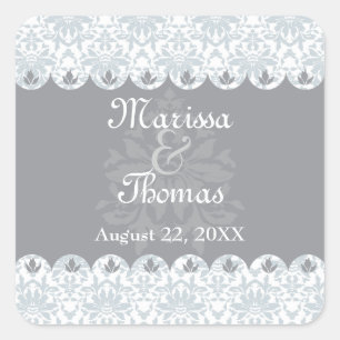 Gray-Scalloped Damask Hochzeitsticker Quadratischer Aufkleber