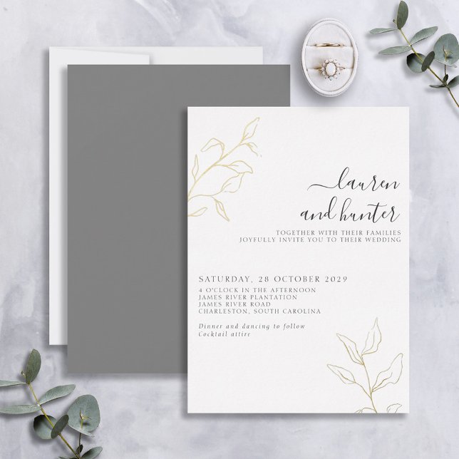 Gray Script Gold Botanical Wedding Folieneinladung (Von Creator hochgeladen)