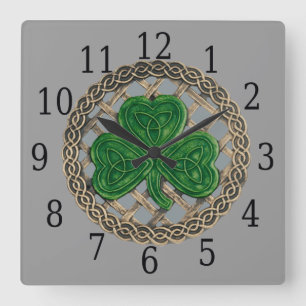 Gray Shamrock and Celtic Knots Square Clock Quadratische Wanduhr