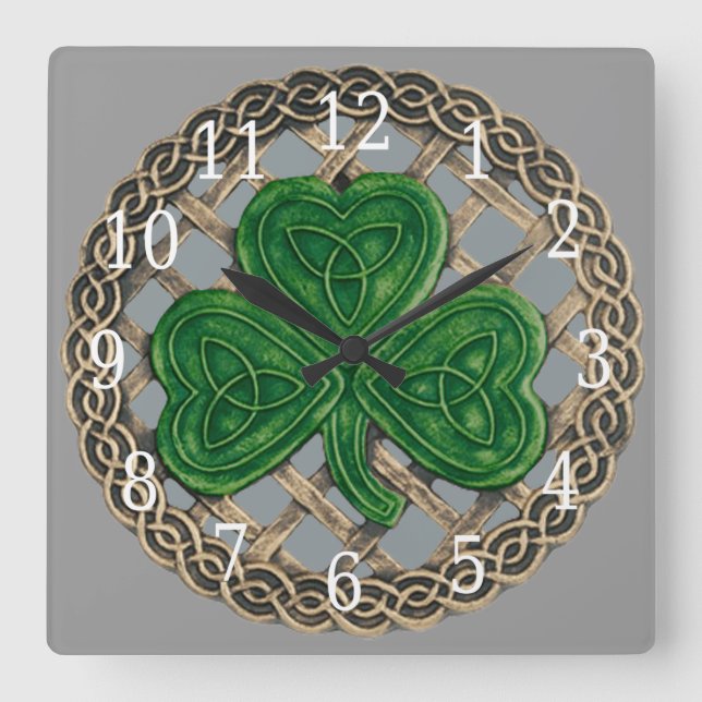 Gray Shamrock and Celtic Knots Square Clock Quadratische Wanduhr (Vorderseite)