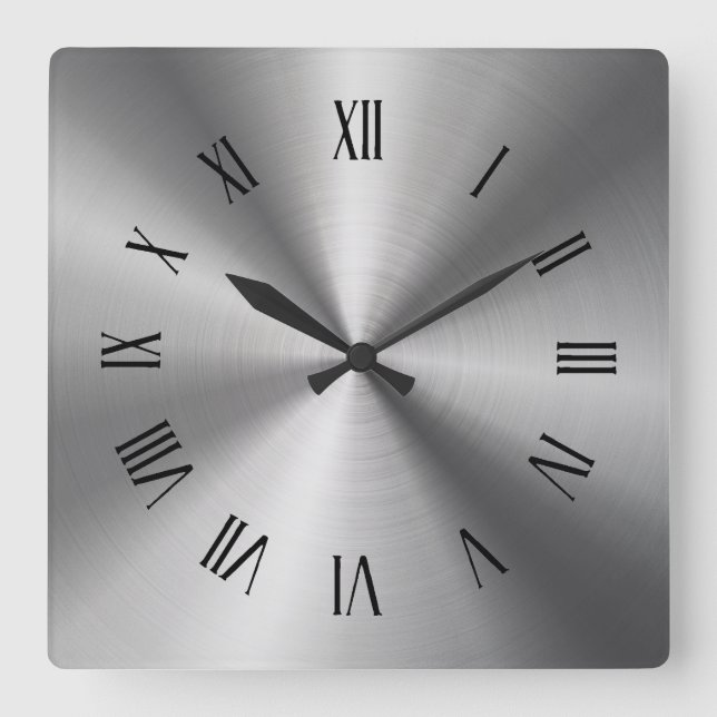Gray Shiny Metallic-Stainless Steel Roman Numerals Quadratische Wanduhr (Vorderseite)
