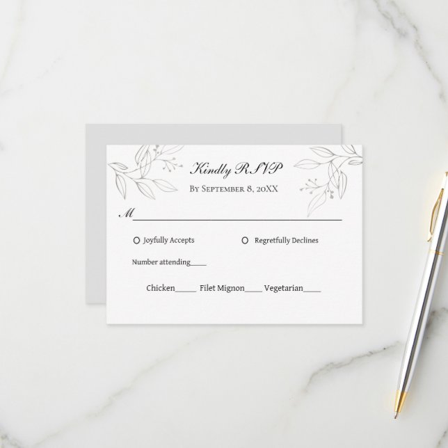 Gray Silver Blätter Minimalistisch Wedding Entrees RSVP Karte (Vorderseite/Rückseite Beispiel)