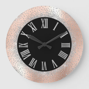 Gray Silver Crystals Black Rose Roman Numbers Große Wanduhr