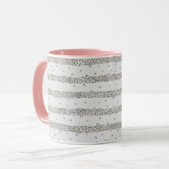 Gray Silver Funkelnd Confetti Streifen Tasse (Vorderseite Links)