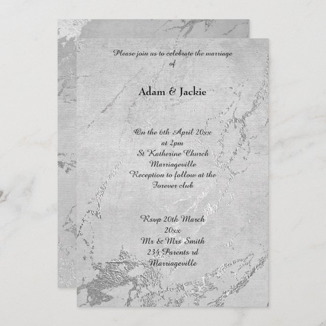 Gray Silver Marble Print Simple Wedding Einladung (Vorne/Hinten)