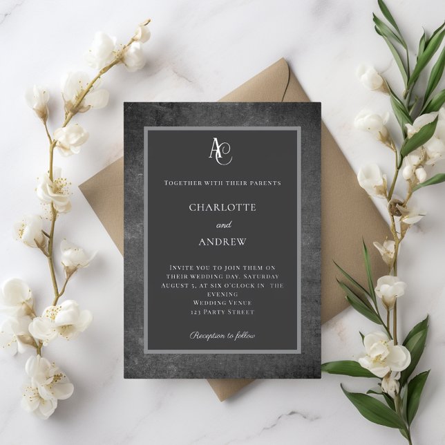 Gray silver modern monogram rustic wedding folieneinladung (Von Creator hochgeladen)