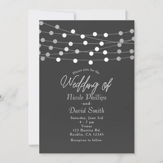 Gray Silver String Lights Moderne Hochzeit Einladung (Vorderseite)