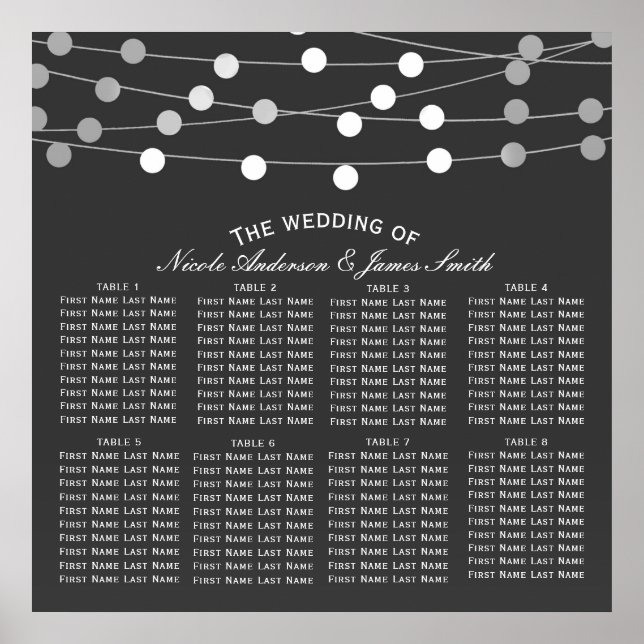 Gray Silver String Lights Moderne Hochzeitssitze Poster (Vorne)