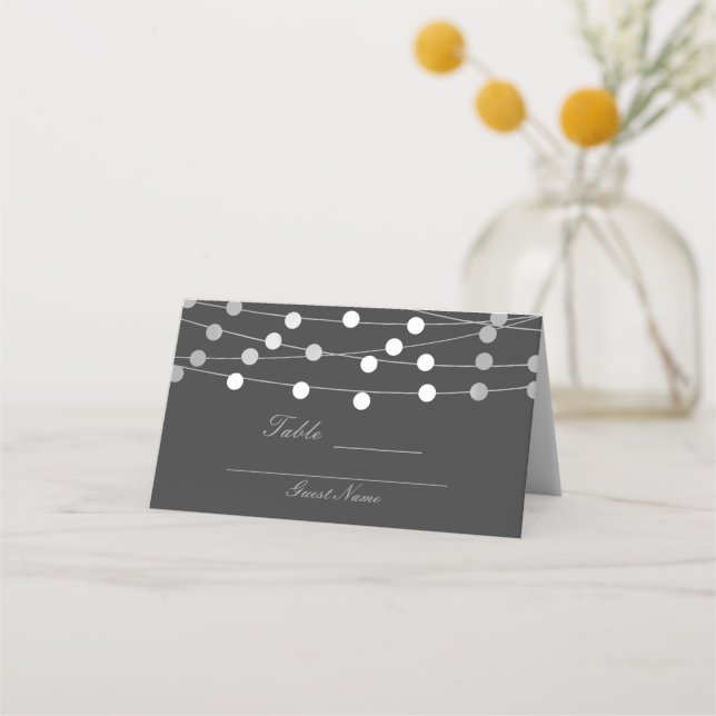 Gray Silver String Lights Moderner Hochzeitstisch Platzkarte (Rückseite)