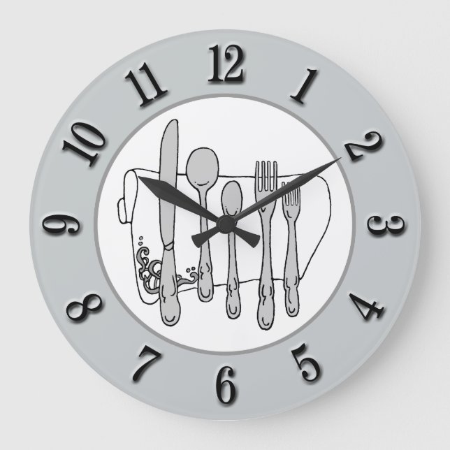 Gray Silverware White Napkin Black Number on Grau Große Wanduhr (Vorderseite)