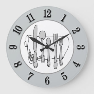 Gray Silverware White Napkin Black Number on Grey Große Wanduhr