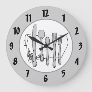 Gray Silverware White Napkin Black Numbers Clock Große Wanduhr