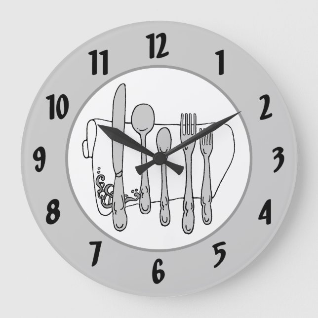 Gray Silverware White Napkin Black Numbers Clock Große Wanduhr (Vorderseite)