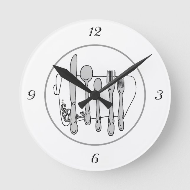 Gray Silverware White Napkin Black Numbers Clock Runde Wanduhr (Vorderseite)