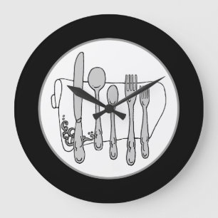 Gray Silverware White Napkin No Numbers Clock Große Wanduhr
