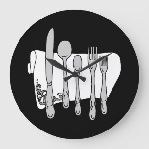 Gray Silverware White Napkin No Numbers Clock Große Wanduhr