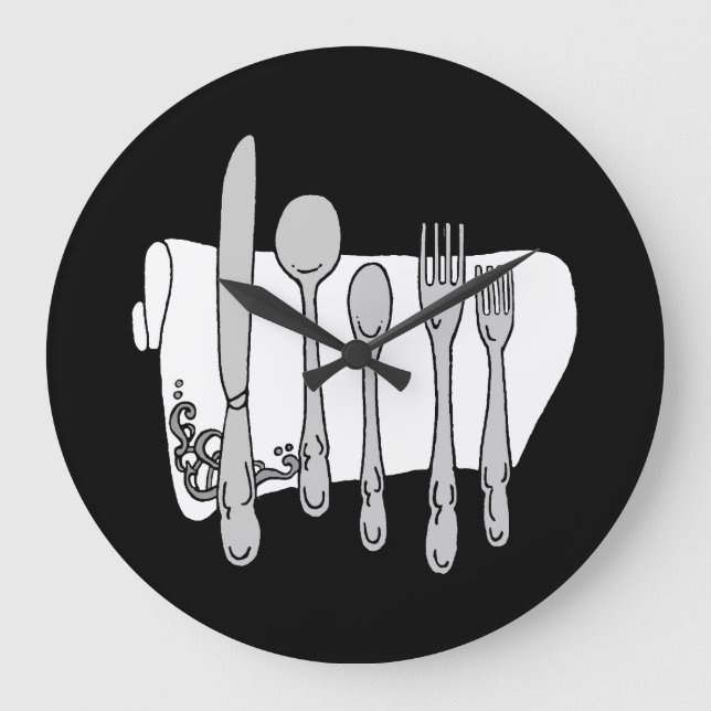 Gray Silverware White Napkin No Numbers Clock Große Wanduhr (Vorderseite)