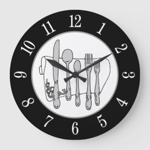 Gray Silverware White Napkin White Number on Black Große Wanduhr