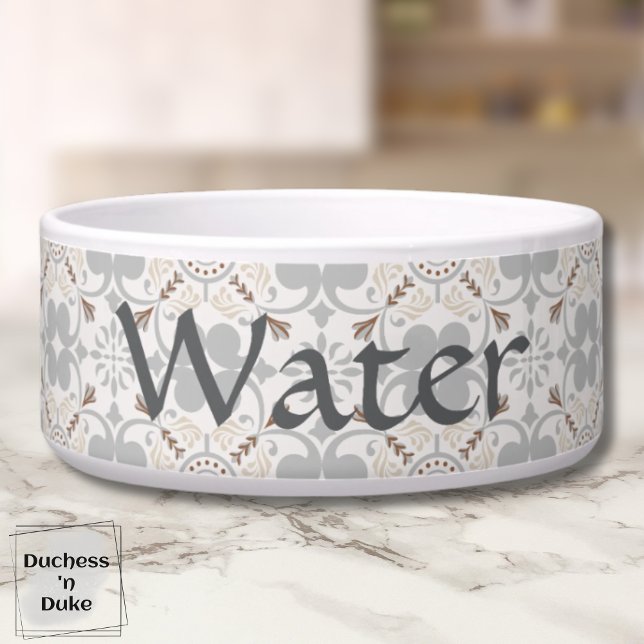 Gray Spanish Tile Personalized Dog Water Bowl  Napf (Dog Water Bowl - Gray Spanish Tile Personalized)