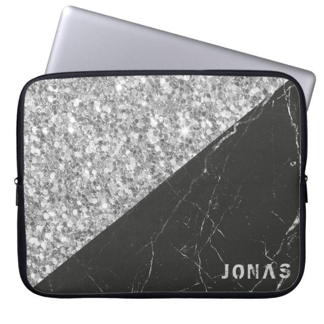 Gray Sparkling Glitzer Black Marble Laptopschutzhülle (Vorderseite)