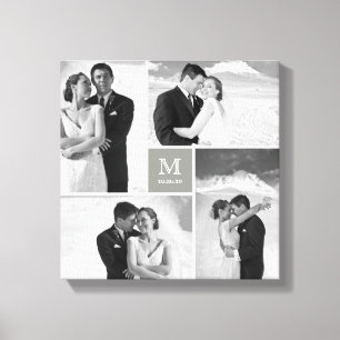 Gray Square Grid Monogram Wedding 4 Foto Collage Leinwanddruck