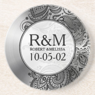 Gray Stainless Steel Look Black Paisley Lace Sandstein Untersetzer