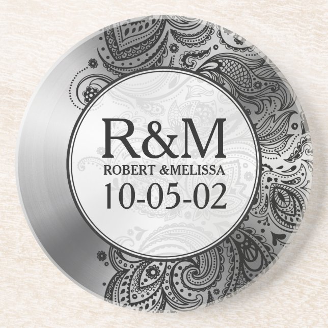 Gray Stainless Steel Look Black Paisley Lace Sandstein Untersetzer (Vorne)