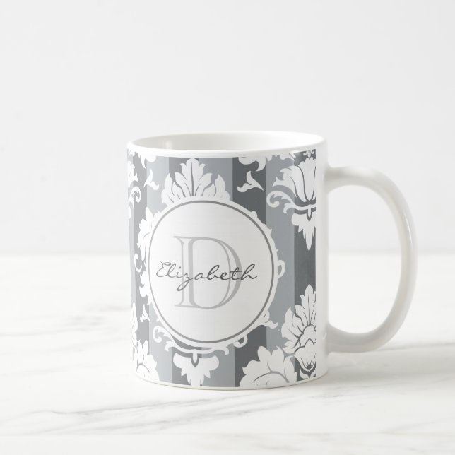 Gray Stripe Damask Mit Monogramm Tasse (Rechts)